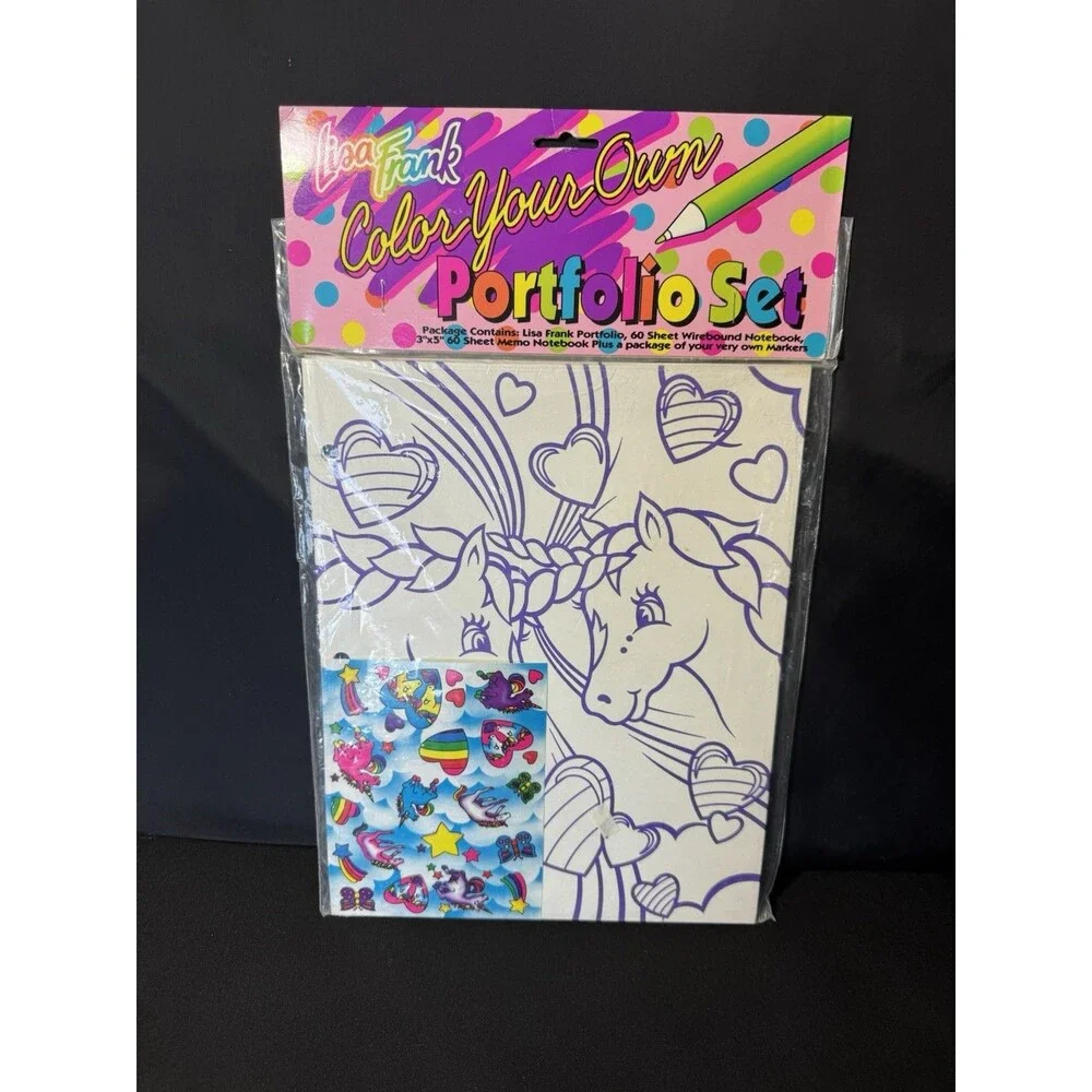 Vintage Lisa Frank Color Your Own Folder W/ Stickers NEW Portfolio Unicorn Bears